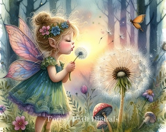 May include: A fairy with pink and blue wings blows on a dandelion in a forest setting. The fairy is wearing a green dress with lace trim and has blonde hair with pink and blue flowers in her hair. There are mushrooms and other flowers in the background.