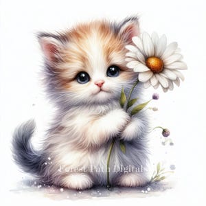 Chaton avec des fleurs-Clip Art, téléchargement de fichiers numériques, fantaisiste, unique, chat, shabby chic, printemps, mignon, minou, papillon, pastel