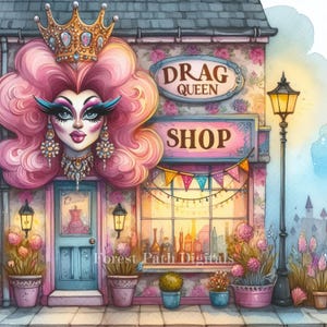 Drag Queen Shop- Pakiet Clip Art, Obrazy cyfrowe, Fantazyjne, Ekscentryczne, Sklep, Wieś, Kreskówka, Tęcza, Rozrywka, Brunch, Pokaz, Klub