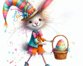 Quirky Easter Bunny - Clip Art Bundle, Digital Download, Digital Files, Whimsical, Flowers, Funny, Rabbit, Shabby Chic, Basket, Painted Eggs