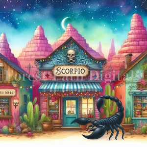 Loja de Escorpião - Signo do Zodíaco, Astrologia, Aniversário de Outono, Vila, Decoração, Pacote de Clip Art, Download de Arquivos de Imagens Digitais