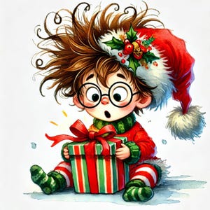 Quirky Christmas Surprise v2: paquete de imágenes prediseñadas, descarga digital, archivos digitales, caprichoso, niño, acebo, luces, regalos, gorro de Papá Noel, presente