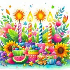 Sommer-Geburtstagskerzen -Clip Art Bundle, Digitale Dateien Download, wunderlich, einzigartig, niedlich, Kuchen, Geschenke, Party, Sonne, Obst