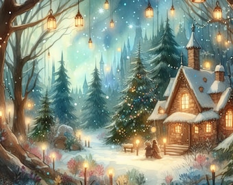 Snowy Fairytale Forest - Clip Art Bundle, Digital Download, Whimsical, Christmas, Winter, Lanterns, Magical, Pine Tree, River, Vintage