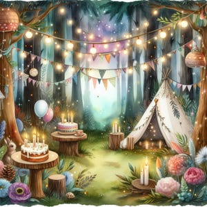 Boho Geburtstag Wald - Clip Art Bundle, digitaler Download, digitale Dateien, wunderlich, Feen, Hippie, Blumen, Shabby Chic, Luftballons, Lichterketten
