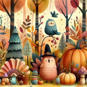 Magical Thanksgiving Day Forest - Clip Art Bundle, Digital Download, Digital Files, Whimsical, Picnic, Turkey, Autumn, Pumpkin, Owl, Fall