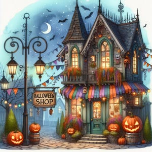 Può includere: Illustrazione ad acquerello di un negozio di Halloween di notte. Il negozio ha una tenda a strisce colorate, finestre luminose e zucche intagliate. Un cartello recita "Halloween Shop". I pipistrelli volano nel cielo notturno, e la scena è decorata.
