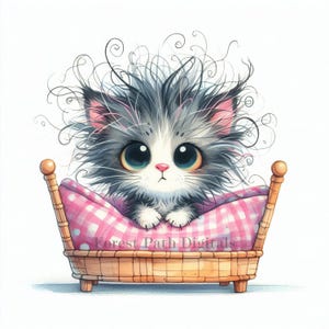 Bedhead Kitty - Clip Art Bundle, Descarga digital, Archivos digitales, Caprichoso, Dibujos animados, Gato, Gatito, Mascota, Kawaii, Lindo, Soñoliento, Cama