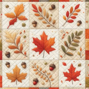 Könnte beinhalten: Ein gestepptes Patchwork-Design mit Herbstblättern und Eicheln in Orange-, Rot- und Brauntönen. Die Quadrate sind vor einem cremefarbenen Hintergrund mit einem dezenten Steppmuster angeordnet, das ein gemütliches, saisonales Thema hervorruft.