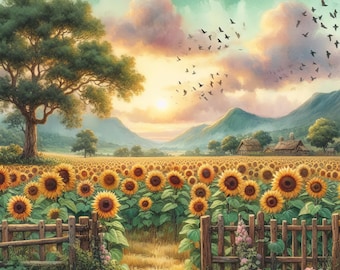 Sunflower Field - Digital Clip Art Bundle, Medows, Sun, Farmer, Cowboy, Farmhouse, Rural, Rustic, Farm, Ranch, Flowers, Barn