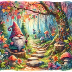 Può includere: Un'illustrazione fantasiosa di un gnomo con un cappello rosso e bianco e una lunga barba bianca in piedi su un ceppo muschioso in un ambiente boschivo. Il gnomo tiene un bastone da passeggio ed è circondato da funghi colorati, fiori e alberi. Il sentiero che porta al gnomo è fatto di gradini di pietra.