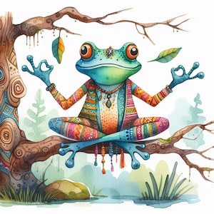 May include: A watercolor painting of a green frog sitting in a lotus position on a tree branch. The frog is wearing colorful patterned clothing and has a beaded necklace. The frog is surrounded by green leaves and a blue pond.
