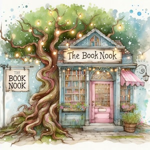 La boutique du coin du livre - Bundle de cliparts, fichiers numériques à télécharger, fantaisiste, original, shabby chic, conte de fées, liseuse, amateur de livres, cabane dans les arbres