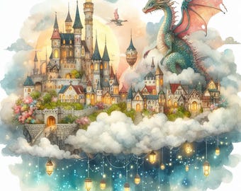 Floating Fantasy City - Digital Clip Art Bundle, Castle, Hot Air Balloon, House, Dreams, Clouds, Gothic, Dragon, Library, Books, Magic