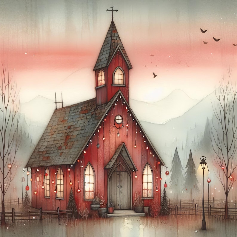 May include: A red wooden church with a steeple and windows, decorated with Christmas lights and ornaments. The church is set against a backdrop of snow-covered mountains and a pink sky.