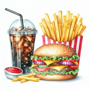 Hamburger e patatine fritte - Pacchetto di clipart, download di immagini di file digitali, bizzarro, eccentrico, ristorante, cibo, bibita, fast food, sottaceti, cheeseburger