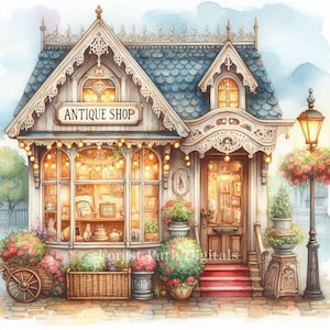 Puede incluir: Ilustración en acuarela de una tienda de antigüedades con un letrero que dice "Antique Shop". La tienda tiene un tejado de tejas azules, adornos blancos ornamentados y una puerta de madera. El escaparate muestra antigüedades, con macetas y un carro de flores delante.