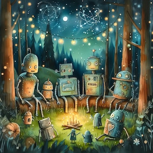 May include: A group of robots gather around a campfire in a forest setting. The robots are various shades of blue and green, with some having red accents. The robots are sitting on a log and have a campfire in front of them. The forest is dark and the sky is filled with stars.