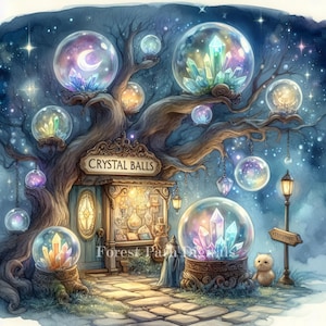 Crystal Ball Shop - Pacote de Clip Art, Arquivos Digitais para Download de Imagens, Caprichoso, Fantasia, Cartomante, Astrologia, Vidente, Árvores, Casa na Árvore