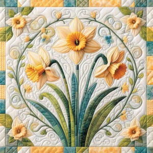 Può includere: Una trapunta quadrata con un disegno centrale di narcisi gialli e arancioni, circondati da foglie e steli verdi. I fiori sono ambientati su uno sfondo bianco con motivi trapuntati. Il bordo della trapunta presenta quadrati gialli, turchese e verdi.