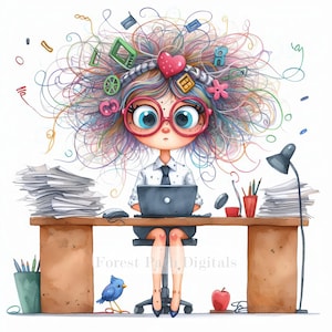 Puede incluir: Ilustración en acuarela de una persona en un escritorio con un portátil. La persona tiene gafas grandes y cabello colorido con objetos flotantes. Un escritorio con una lámpara, papeles y una manzana roja. Un pájaro azul está en el suelo.