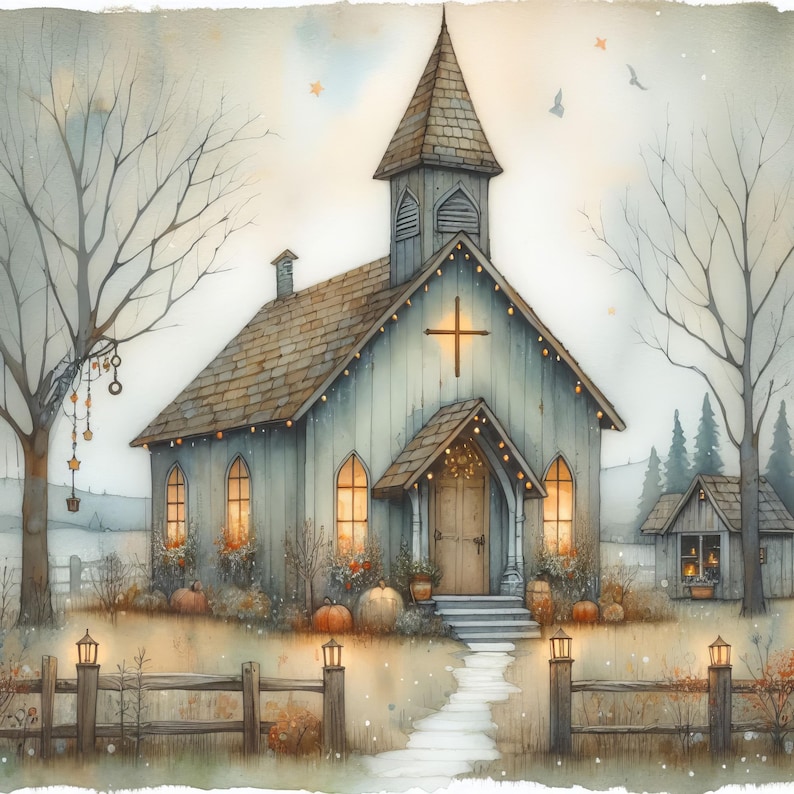 May include: A quaint, gray wooden church with a steeple and a cross on the front. The church is decorated with string lights and surrounded by trees and pumpkins. The church is set against a light blue sky with a few stars visible.