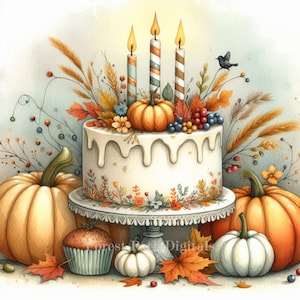 Herbst-Geburtstags-Kuchen -Clip Art Bundle, Digitale Dateien Download, wunderlich, einzigartig, niedlich, Kerzen, Geschenke, Party, Kürbis, Herbst