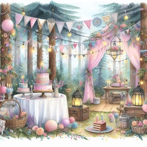 Boho Birthday Dreams Forest - Clip Art Bundle, digitaler Download, digitale Dateien, wunderlich, Pastell, Feen, Hippie, Blumen, Ballon, Shabby Chic