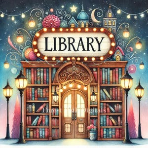 Bibliothek - Clip Art Bundle, Digitaler Download, Digitale Dateien, Skurril, Stadt, Dorf, Geschäft, Bücher, Leser, Lesen, Buchliebhaber, Belletristik