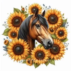 Cavalo Girassol - Pacote de Clip Art, Download de Imagens Digitais, Borboleta, Campo, Shabby Chic, Vintage, Fazenda, Rancho, Cowboy