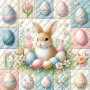 May include: A pastel Easter illustration featuring a rabbit surrounded by decorated eggs and flowers. The eggs are in various colours and patterns, set against a quilted background. The rabbit has brown fur and long ears.