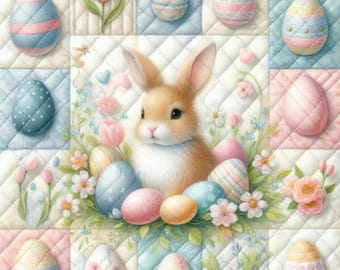 Easter Quilt - Digital Clip Art Bundle, Wall Art, Craft, Shabby Chic, Vintage, Quilt Square, Patchwork, Spring, Flowers, Pastel, Bird, Bunny