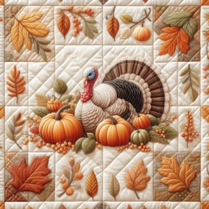 May include: A quilted fabric featuring a Thanksgiving theme. The design includes a turkey, pumpkins, and autumn leaves in shades of orange, brown, and green. The background is a cream-colored quilted pattern.