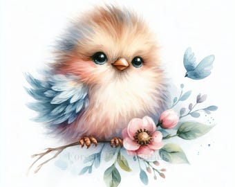 Fågel med blommor - Clip Art-paket, digitala filer för nedladdning, nyckfull, unik, kyckling, fågelunge, shabby chic, påsk, söt, kyckling, pastell