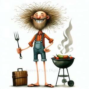 May include: A cartoon illustration of a smiling man with long, wild hair and a beard, wearing an orange striped shirt, blue overalls, and flip-flops. He holds a fork and stands near a barbecue grill with food and smoke.
