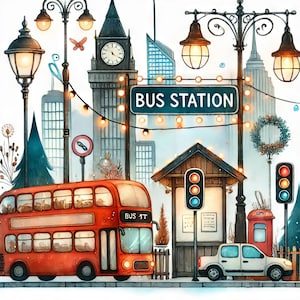Gare routière - lot de cliparts, fichiers numériques à télécharger, fantaisiste, original, shabby chic, art folklorique, Londres, ville, voyage, vacances
