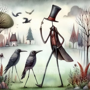 Forêt originale de corbeau - ensemble de cliparts, fichiers d'images numériques à télécharger, fantaisiste, Halloween, haut de forme, unique, oiseaux, arbres, effrayant, mystère