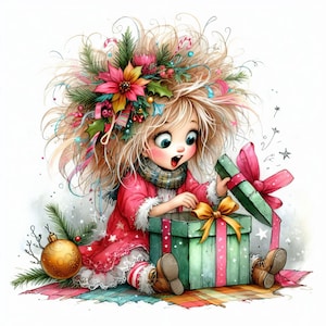 Sorpresa navideña peculiar: paquete de imágenes prediseñadas, descarga digital, archivos digitales, caprichoso, árbol, acebo, luces, regalos, gorro de Papá Noel, presente