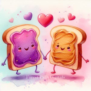 Meilleurs amis grillés - ensemble de cliparts, téléchargement d'Images de fichiers numériques, pain grillé, Couples, beurre de cacahuète et gelée, PB & J, collations, nourriture, drôle
