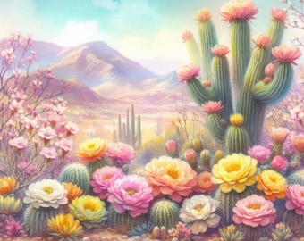 Blooming Desert Cactus - Digital Clip Art Bundle, Plants, Flowers, Oasis, Sand, Succulent, Joshua Tree, Flora, Cacti, Landscape, Scenery