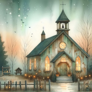 May include: A rustic wooden church with a steeple and a bell, surrounded by trees and a fence. The church is lit up with warm lights, and there are stars in the sky.