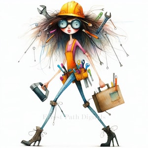 May include: Whimsical illustration of a person in a yellow hard hat, holding a toolbox and a saw. The person wears a pink shirt, orange overalls, and blue jeans, with tools in a tool belt. The image has a cartoon style with tools in the hair.