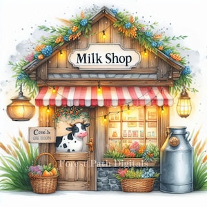 Bundle de magasin de lait - Images de fichiers à téléchargement numérique, original, fantaisiste, propriété familiale, ranch, stand de nourriture, vache, bouteilles de lait, produits laitiers, ferme