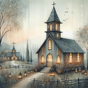 May include: A watercolor painting of a small, wooden church with a steeple and a cross on top. The church is surrounded by trees and bushes, and there are lights in the windows. The church is set against a foggy background.