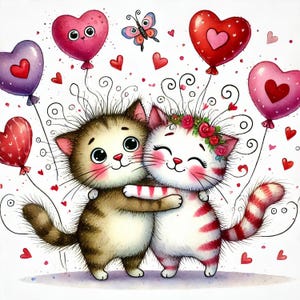 Chat original de la Saint-Valentin - lot de cliparts, téléchargement numérique, fichiers numériques, fantaisiste, roses, ballons, fleurs, coeurs, chaton, meilleurs amis