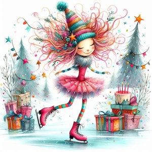 Cumpleaños de invierno peculiar: paquete de imágenes prediseñadas, descarga digital, archivos digitales, caprichoso, árbol, nieve, hoguera, patinaje sobre hielo, globos, pastel
