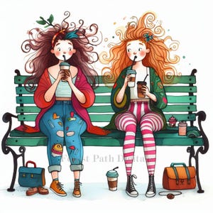 Date de café originale - lot de cliparts, téléchargement numérique, fichiers numériques, fantaisiste, fille, café, restaurant, amis, café du matin