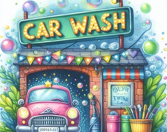 Car Wash - Digital Clip Art Bundle, Whimsical, Town, Village, Auto Shop, Mechanic, Drive Thru, Tools, Garage, 1950's, Bubbles, Colorful