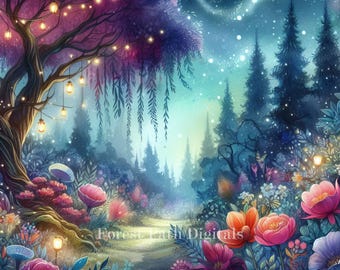 May include: A whimsical forest scene with a large tree adorned with fairy lights, a path leading into the woods, and colorful flowers blooming in the foreground. The sky is a vibrant blue with twinkling stars and a swirling trail of stardust.