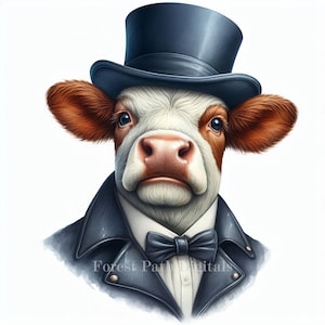Vaca Elegante - Paquete de Imágenes, Descarga de Archivos Digitales, Animales de Granja y Rancho con Ropa, Caricatura, Divertidos, Caballero Distinguido